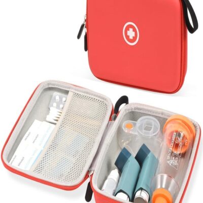 Fukumi Hard Travel Case for Asthma Inhaler, Inhaler Spacer Case for Kids and Adults, Masks, Asthma Accessories Case with Mesh Pocket for Medicine and Other Accessories, Red (Case Only