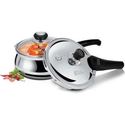 Pro Cook Handi Pressure Cooker 3.5 Litre – Triply Stainless Steel Cooker with Outer Stainless Steel Lid & Glass Lid, Induction & Gas Compatible, ISI Certified, Gasket Release System – Silver