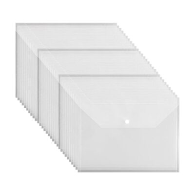 30 Pieces A4 Document Bags with Snap Button Closure, Clear Plastic Poly Envelopes Organizers, Waterproof Transparent File Folder Bags for Office, Home, School, Stationery