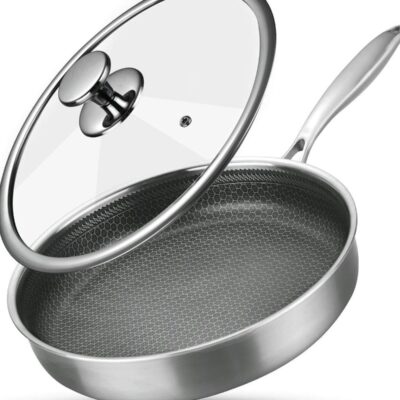 Stainless Steel Frying Pan with Lid 28cm, Wok Pan Hybrid Tech Sauté Pans Nonstick, Skillet, PFOA Free,(Dishwasher/Induction/Gas/Electric