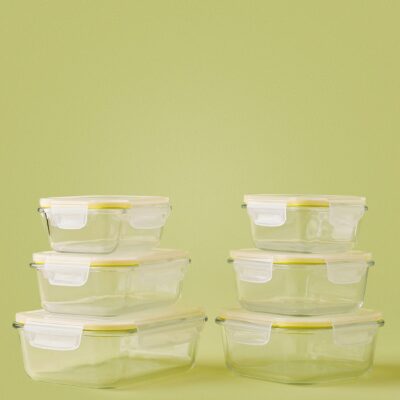 6 Piece Borosilicate Glass Food Container Set - Airtight Lids - Lunch Box - Rectangle + Square - Food Storage Box - Storage Boxes - Kitchen Cabinet Organizers - Glass Food Container - Yellow Yellow 6-Piece (Rectangle/Square)