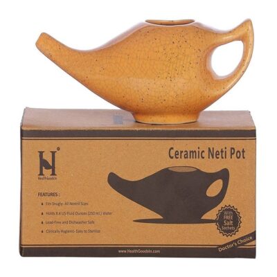 Premium Handcrafted Durable Ceramic Neti Pot, Nose Cleaner for Sinus, Dishwasher Safe 225 Ml. Capacity - Crackle Pattern Orange
