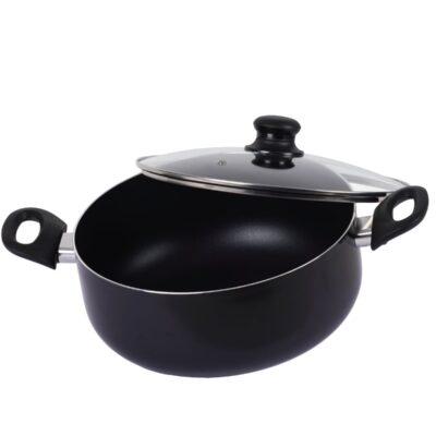 Pressed Aluminum Nonstick Casserole with Glass Lid and Induction Bottom , 24cm, Black with Shiny Finish
