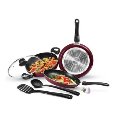 Pro Cook Kitchen Jewel Nonstick Cookware Set of 6 - Fry pan (24 cm/1.6 L); Kadhai with Glass lid (24 cm/2.5 L) ; Tawa (25 cm) ; Nylon Laddle & Spatula , Peach | Induction | Hot Plate | Flame Safe Peach 24cm+24cm+25cm