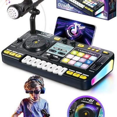 DJ Mixer Toys for Toddlers, Electronic Baby Musical DJ Toys with Lights, Songs, Sound Effects, Microphone,Musical DJ Turntable,Electronic Piano Instrument Playset with Karaoke Microphone,Musical Toy