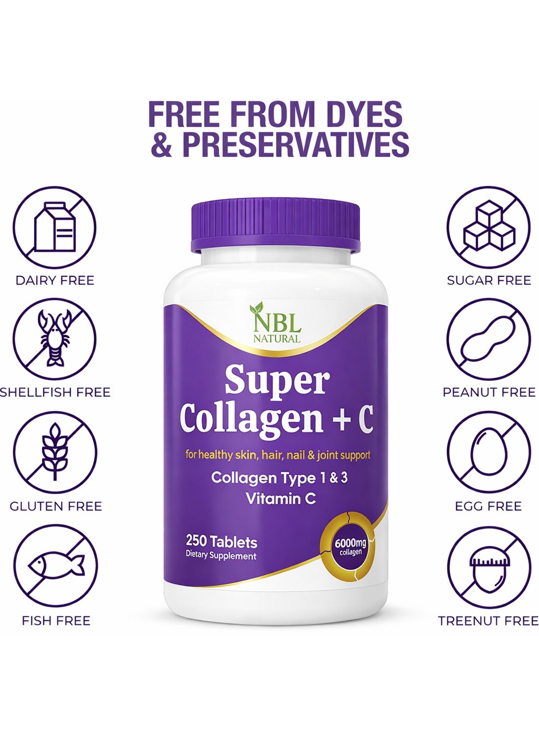 Super Collagen With Vitamin C for Hair, Skin, Nails & Joints – 6000MG - 250 Tablets - Image 4