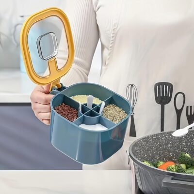 4-Compartment Seasoning Box with Lids and 4 Spoons, Spice Organizer with Kitchen Counter and Tabletop Travel Handle, Yellow