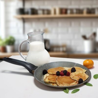 Non-Stick Crepe Pan, 22cm Dosa Tawa with Granite Coating and Aluminum Body, Scratch and Cut Resistant, Round Baking Pan for Omelette, Tortilla, Pancake, Egg, Serenk Fun Cooking Series