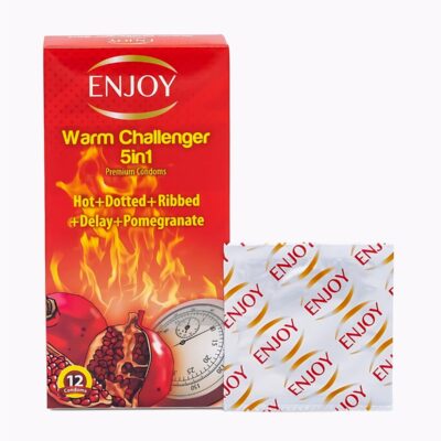 ENJOY Warm Challenger Condoms 5 in 1 | Premium Latex Condoms | Hot + Dotted + Ribbed + Delay + Pomegranate | Extra Sensation & Long-Lasting Pleasure | Large Size 52mm | Safe, Natural & Comfortable