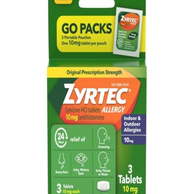 Zyrtec 24 Hour Allergy Relief Tablets, Antihistamine Indoor & Outdoor Anti Allergy Medicine + Cetirizine HCl, Relief from Runny Nose, Sneezing, & Itchy Eyes, Single Packs, 3 x 1 ct Packets