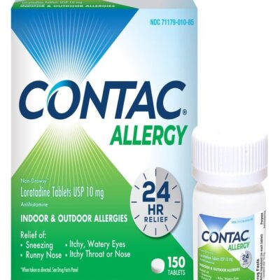 Contac Allergy Relief Tablets, Loratadine 10 mg Antihistamine, 24 Hour Non Drowsy Medicine for Sneezing, Runny Nose & Itchy Eyes, Gluten Free, 150 Count