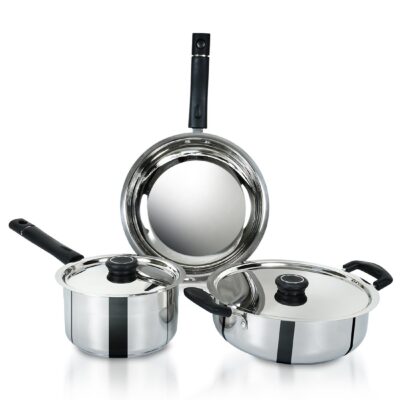 Delici Stainless Steel Cookware Set 5 PCS, 304 Grade SS Pots & Pans, Fry Pan 22cm, Kadai 22cm with Lid, Milk Pan 16cm with Lid, Induction Compatible, Heavy Sandwich Bottom, Oven & Dishwasher Safe - DSK 5B Black and Silver