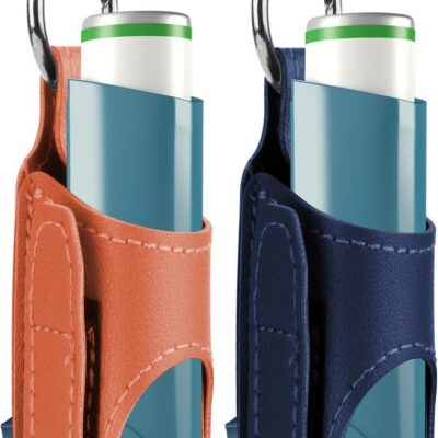 Beautyflier Asthma Inhaler Holder Keychain, Travel Handy Mini Holster with Carabiner Clip, Lightweight Inhaler Carrier for Asthma Inhaler Spacer for Adults and Children, Holder Only (Orange + Blue