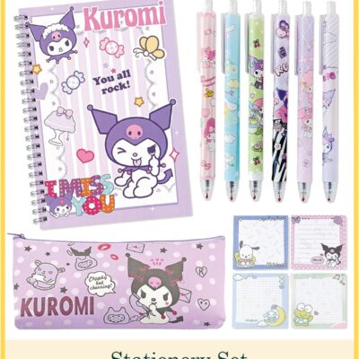Cute Kuromi Anime School Supplies Set, Kawaii Stationery Set for Girls, Purple Rollerball Pens, Pencil Case, Notebook, Sticky Notes