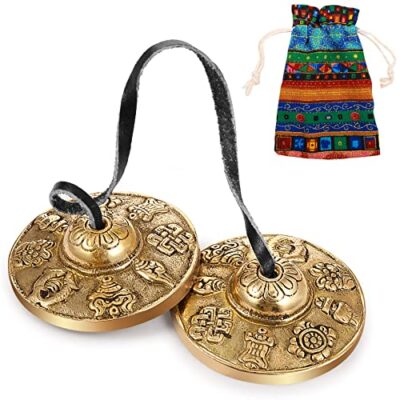 Boao Tibetan Bells Tingsha Cymbals Meditation Chime Bells with Tibetan Drawstring Cloth Bag 63 cm Yoga Finger Meditation Chime for Percussion Instrument8 Lucky Symbols Embossed