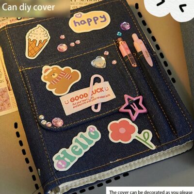 Y2K Style Aesthetic Denim A5 6-Ring Binder Notebook with Refillable Lined and Grid Paper, DIY Customizable Cover, Front Pocket and Pen Holders – Ideal for Journaling, Scrapbooking, K-pop Photocard Collecting, School and Gift Use