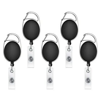 [Pack of 5] Black Retractable Badge Holder with Reel Clip – Durable ID Card Holder for Work, Office, School, and Keychain Accessories