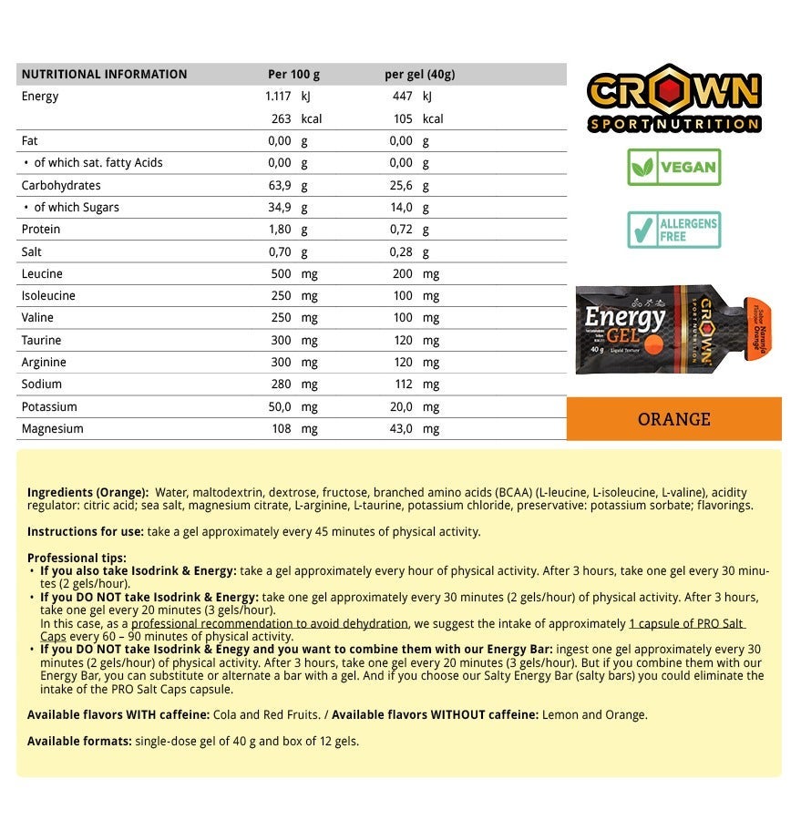Crown Sport Nutrition 12 x Energy Gels, 40 g Liquid Texture, Carbohydrates, Amino acids and Electrolytes, Orange Flavor - Image 5