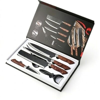 Premium 6-Piece Kitchen Knife Set with Gift Box - Black Hammered Stainless Steel Chef & Nakiri Knives, Ergonomic Wood-Grain Grip, Scissors and Peeler - Black