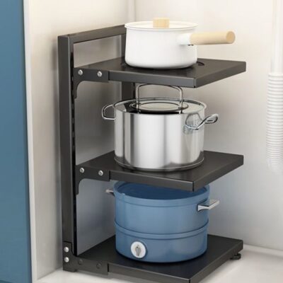 Pot Rack with Adjustable Dividers， Pot Storage Organizer for Kitchen Counter and Under The Sink ，Multifunctional Pot Lid Holders with Drain Tray(Black，3 Tiers)
