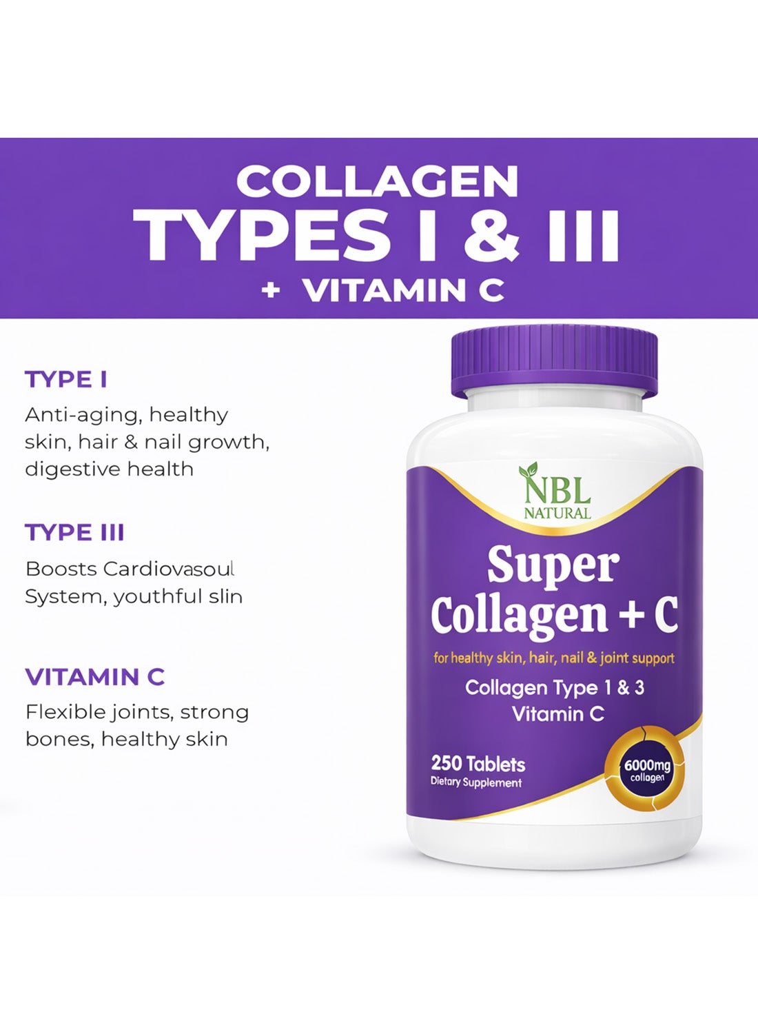 Super Collagen With Vitamin C for Hair, Skin, Nails & Joints – 6000MG - 250 Tablets - Image 2