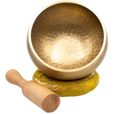 Authentic Himalayan Pure Golden Shinning Singing Bowl Single Set Handcrafted in Nepal Medium (455 grams) Includes Traditional Wooden Striker and Silk Cushion