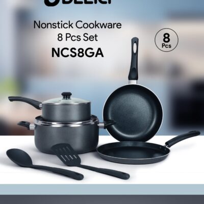 8 Pcs Nonstick Cookware Set with 10X Tougher Coating, Quick Heat Distribution, Hot Plate, Halogen, Gas, Electric, Ceramic, Induction Compatible – Includes 24cm Saucepan with Glass Lid, 24cm Frypan, 26cm Tawa Pan, 18cm Milk Pan, and 2 Nylon Turners - NCS8GA