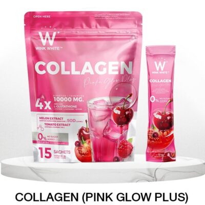 Wink White Collagen Pink Glow Plus – 15 Sachets (12g Each) | 10,000mg Collagen, L-Glutathione, Melon & Tomato Extracts for Radiant & Youthful Skin