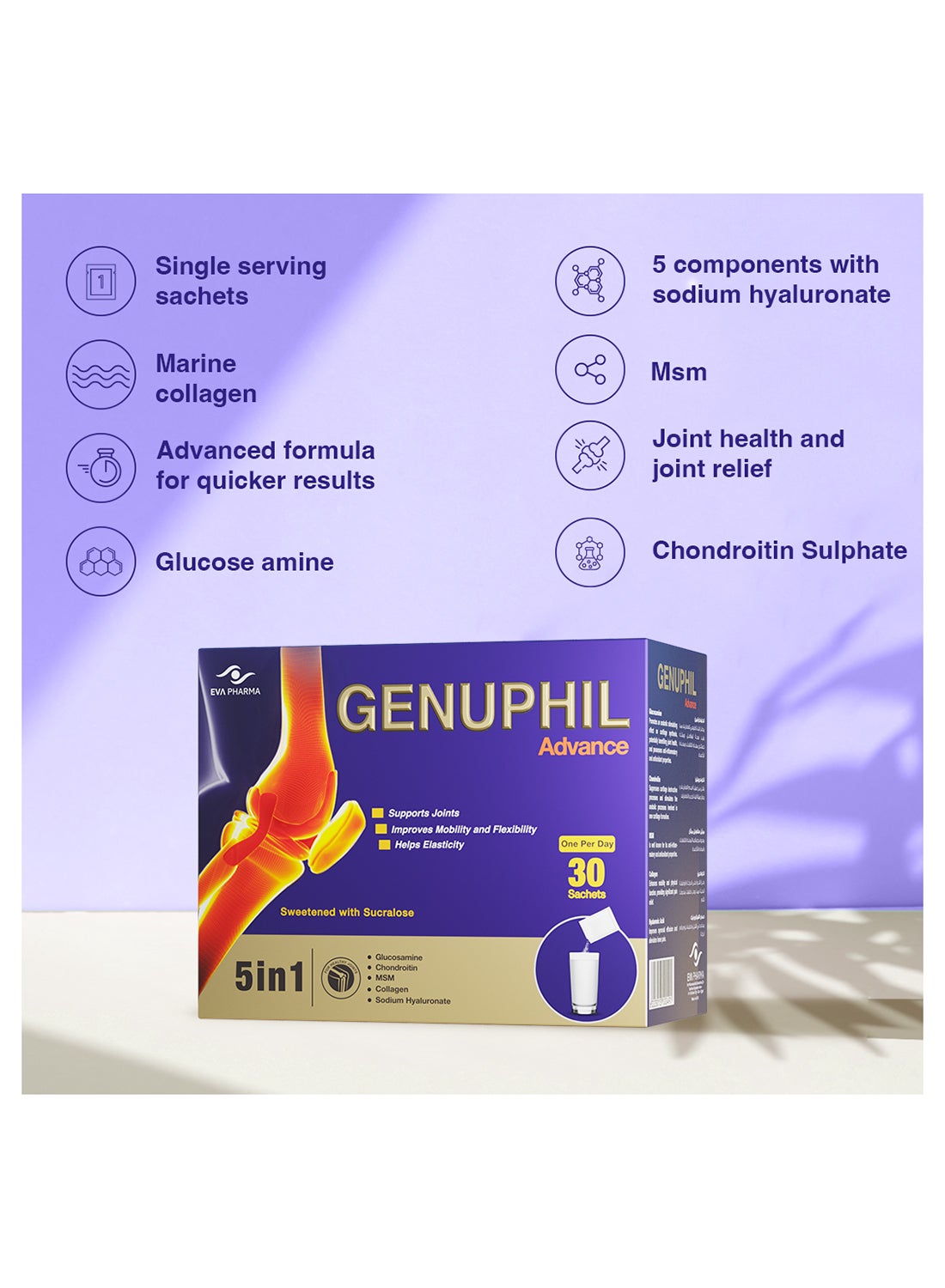Genuphil Advance 5 In 1 formula, Glucosamine, Collagen, Chondroitin, MSM & Sodium Hyaluronate Supplement 30-Sachets – for enhanced joint performance & joint pain relief. - Image 3
