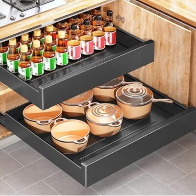 Pull out Cabinet Organizer, 21"Deep,Slide out Drawers for Kitchen Cabinets, Pull-Out Home Organizers with Adhesive Nano Film Fixed, Sliding Cabinet Shelf for Bathroom, Pantry,Under Sink Storage, Black