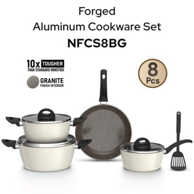Delici 8 Pcs Forged Granit Forged Aluminum Cookware Set (NFCS8BG) – Granite Finish Interior, Tempered Glass Lids, Induction Base, Stylish Black Bakelite Handles, Brown PTFE Coating with White Dots, Beige Heat-Resistant Exterior, Strong Welded Connection – Saucepan, Casseroles, Frypan & Nylon Spatula