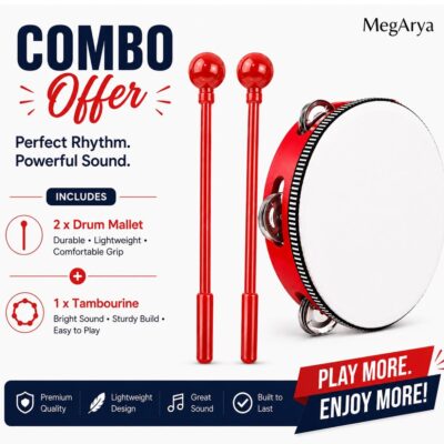 8 Inch Tambourine with 2 Drum Mallets Combo Set | Handheld Percussion Instrument for Kids & Adults | Church Worship, Music Learning, School, Classroom & Stage Performance
