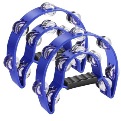 Megarya Half Moon Musical Tambourine (2 Pack, Blue) Double Row Metal Jingles Hand Held Percussion Drum with Ergonomic Handle Grip