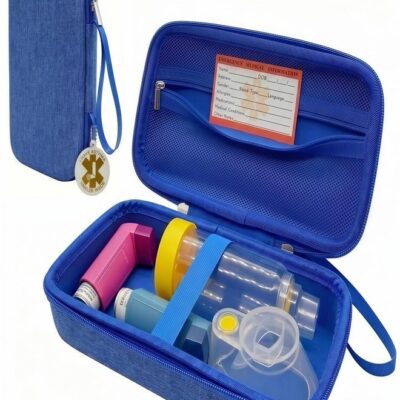 YouKnow Travel Carrying Case for Asthma Inhaler, Inhaler Spacer for Adults and Children, Mask, Inhaler Holder with Asthma Warning Label and Medical Card, with Carabiner (Case Only (Blue