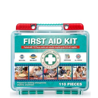 General Medi 110 Pieces Small First Aid Kit - HardCase First Aid Box - Contains Premium Medical Supplies for Travel, Home, Office, Vehicle, Camping, Workplace & Outdoor