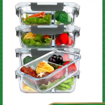 5Pack 1000ml Glass Food Containers with Lids (2 Compartments)