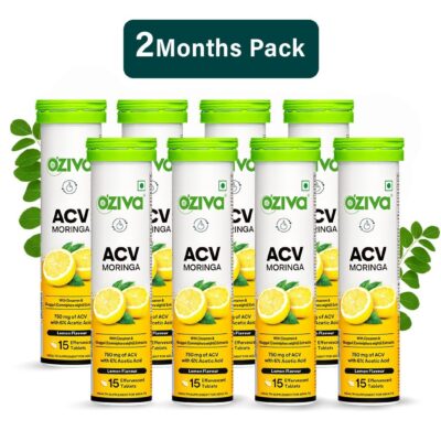 ACV Moringa | Control Cravings | Apple Cider Vinegar, Cinnamon, Guggul | No Maltodextrin & No Added Sugar - Lemon, Pack of 8 (120 Tablets)
