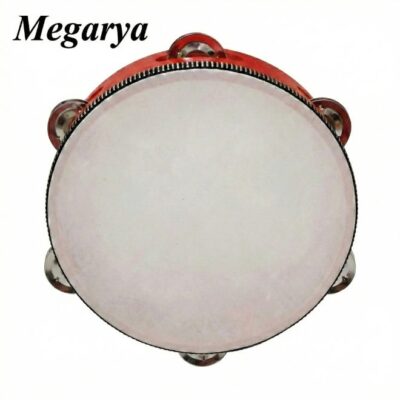 8-Inch Wooden Handheld Red Tambourine – Double Row Metal Jingles, Red Percussion Instrument for Kids & Adults