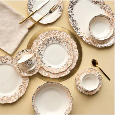 Luxury Bone China Dinner Set 44 Pieces- Elegant Floral Design Plates Set for 8- Premium Dinnerware Set