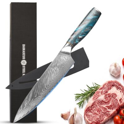 Japanese Damascus Chef Knife, Professional Kitchen Knife with Knife Cover