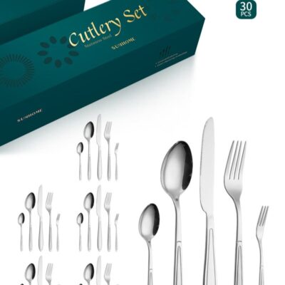 SUNHOME 30-Piece Stainless Steel Cutlery Set Kitchen Utensil Set Western Tableware Suitable For Home Kitchen Restaurant Hotel Party Dining Picnic Dining Exquisite Packaging Gift Silver