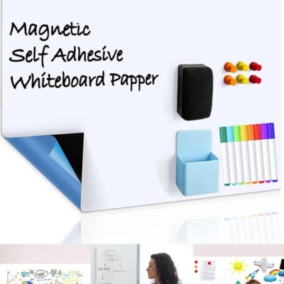 Magnetic Dry Erase Whiteboard Paper Self Adhesive Magnetic Whiteboard Sticker Easy to Write and Clean Dry Erase Board for Kids Office Home 8 Marker 6 Magnets and Eraser (90x120cm)