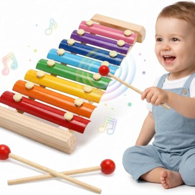 Wooden Xylophone for Kids – 8 Multicolored Notes Musical Instrument Toy with 2 Mallets