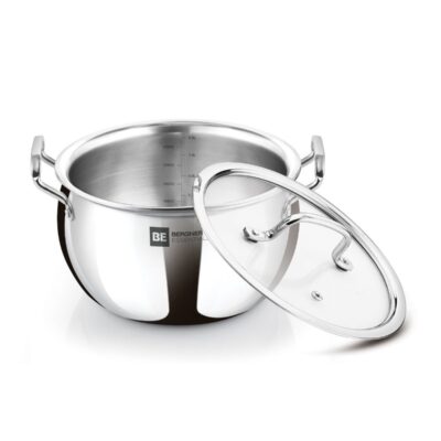 Bergner Essentials 28cm (9.5L) Tri-Ply Stainless Steel Large Rice Pot – Heavy-Duty Healthy Cooking Handi with Glass Lid for Biryani Pulao Soups Curries – Even Heating – Gas & Induction Compatible
