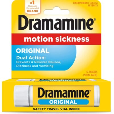 12 tablets with an original formula to relieve motion sickness nausea and vomiting