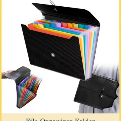 A4 Expanding File Folder, 13-Pocket Accordion Organizer with Tabs & Elastic Closure – Portable Document Holder for Home, School, Office & Travel (Black/Multi-Color)