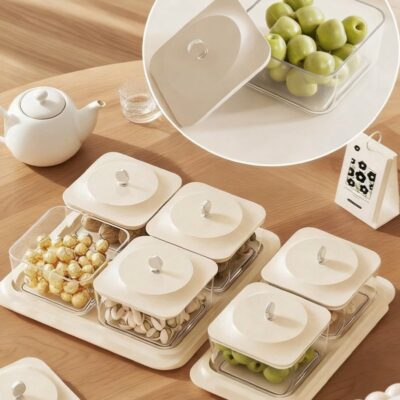 Elegant Creamy White Serving Tray Set with 4 Lidded Nut Containers & Dessert Plates - Multi-Purpose Snack Organizer for Fruits, Nuts, Sweets | Ideal for Home Hospitality, Parties, Festive Gifts