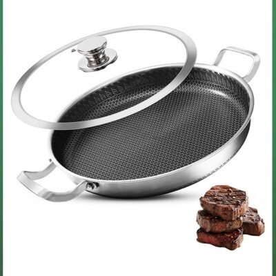 Stainless Steel Paella Pan, 34CM Paella Pan with Lid, Tri-Ply Nonstick Large Honeycomb Skillet, Stainless Steel Cookware, Induction Pan, Skillets for Outdoors, Camping, Parties, Cooking Pot