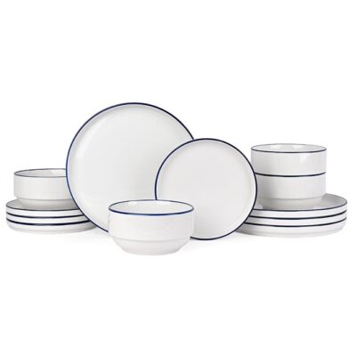 12 piece Porcelain Dinnerware Set, Set for 4, Microwave & Dishwasher Safe, White and Blue Rim