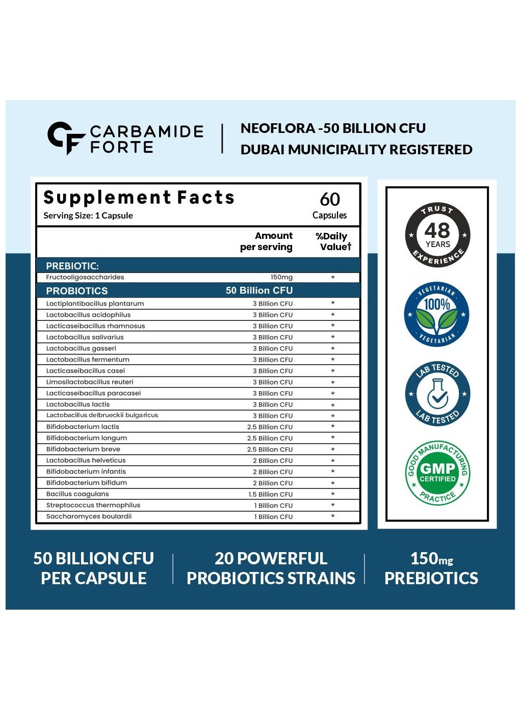 Carbamide Forte Probiotics Supplement 50 Billion for Women And Men 60 Veg Capsules - Image 2